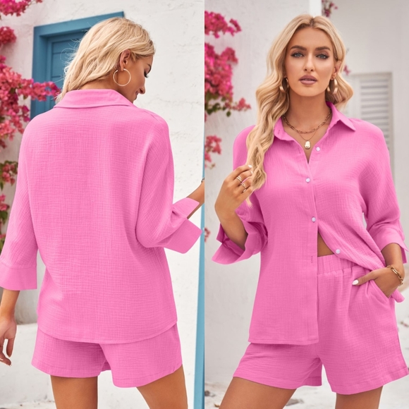 Textured Shirt and Elastic Waist Shorts - Pink - Picture 2 of 7